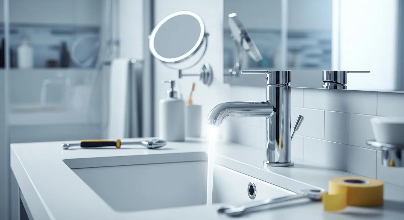 Modern bathroom sink with chrome tap dispensing water, surrounded by plumbing tools and toiletries, reflecting expert bathroom plumbing and wet room design practices.