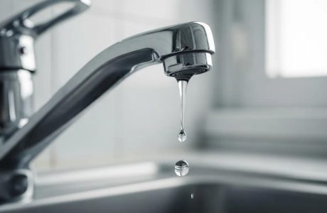 Dripping tap in a modern kitchen sink illustrating common plumbing issues and repairs.