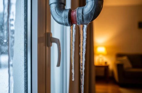 Frozen pipe with icicles forming in a home setting, highlighting the urgency of thawing to prevent water damage and burst pipes.
