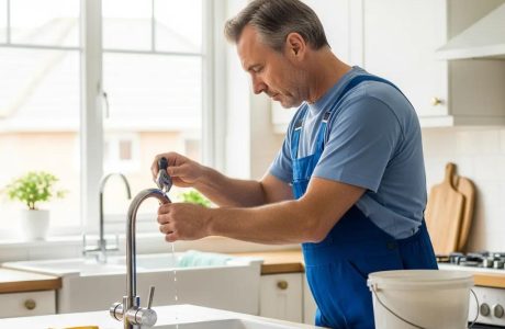 Plumber repairing a dripping tap in a modern kitchen, addressing common plumbing issues and energy-saving tips.